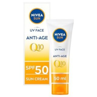 NIVEA UV Face SPF50 Q10 Anti-Age & Anti-Pigment 0% White Residue (50ml), Q10 Face Sun Cream, Anti-Ageing Cream Protects Against UVA/UVB Rays & Premature Skin Ageing