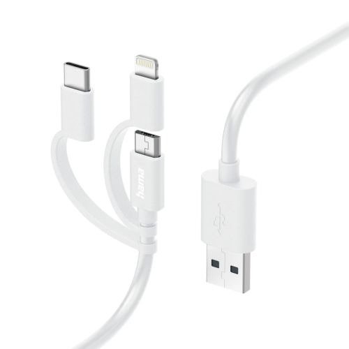 Hama 3-in-1 Multi Charging Cable - USB-A to USB-C/Micro USB/Lightning, Quick Charge, 1 Metre, White, MFI Certified, photo 1 of 1